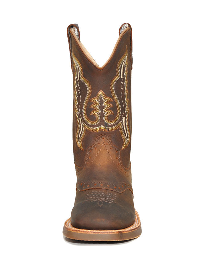 Old West BSC1845 Kids Rubber Corded Distress Cowboy Boots Brown side / front view. If you need any assistance with this item or the purchase of this item please call us at five six one seven four eight eight eight zero one Monday through Saturday 10:00a.m EST to 8:00 p.m EST