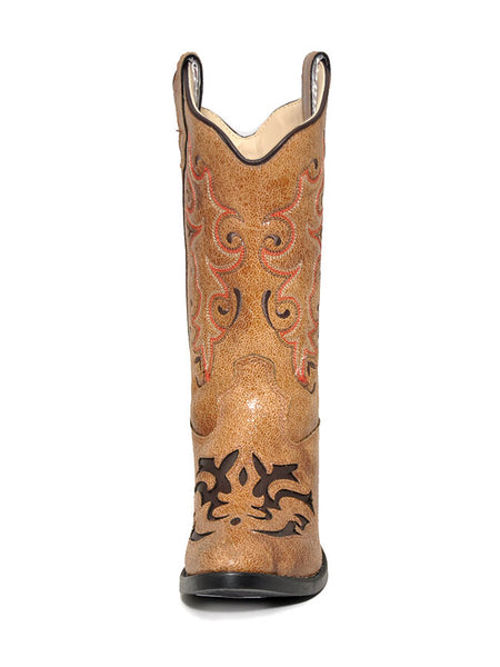 Old West VJ9113 Girls Inlay Round Toe Cowgirl Boots Tan front view. If you need any assistance with this item or the purchase of this item please call us at five six one seven four eight eight eight zero one Monday through Saturday 10:00a.m EST to 8:00 p.m EST
