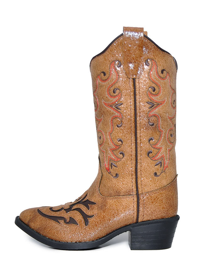 Old West VJ9113 Girls Inlay Round Toe Cowgirl Boots Tan front and side view. If you need any assistance with this item or the purchase of this item please call us at five six one seven four eight eight eight zero one Monday through Saturday 10:00a.m EST to 8:00 p.m EST