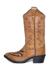 Old West VJ9113 Girls Inlay Round Toe Cowgirl Boots Tan side view. If you need any assistance with this item or the purchase of this item please call us at five six one seven four eight eight eight zero one Monday through Saturday 10:00a.m EST to 8:00 p.m EST