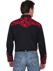 Scully P-634-CRI Mens Floral Tooled Embroidery Western Shirt Crimson back view. If you need any assistance with this item or the purchase of this item please call us at five six one seven four eight eight eight zero one Monday through Saturday 10:00a.m EST to 8:00 p.m EST