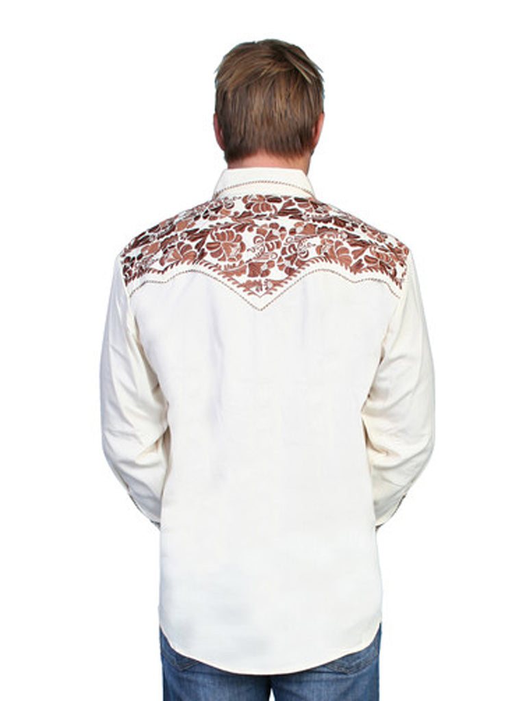Scully P-634-NAT Mens Floral Tooled Embroidery Western Shirt Natural front view. If you need any assistance with this item or the purchase of this item please call us at five six one seven four eight eight eight zero one Monday through Saturday 10:00a.m EST to 8:00 p.m EST