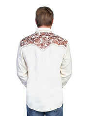 Scully P-634-NAT Mens Floral Tooled Embroidery Western Shirt Natural back view. If you need any assistance with this item or the purchase of this item please call us at five six one seven four eight eight eight zero one Monday through Saturday 10:00a.m EST to 8:00 p.m EST