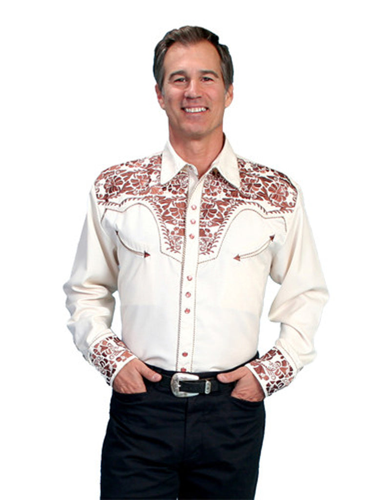 Scully P-634-NAT Mens Floral Tooled Embroidery Western Shirt Natural front view. If you need any assistance with this item or the purchase of this item please call us at five six one seven four eight eight eight zero one Monday through Saturday 10:00a.m EST to 8:00 p.m EST
