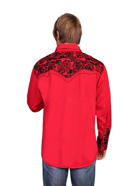 Scully P-634-RED Mens Floral Tooled Embroidery Western Shirt Red back view. If you need any assistance with this item or the purchase of this item please call us at five six one seven four eight eight eight zero one Monday through Saturday 10:00a.m EST to 8:00 p.m EST