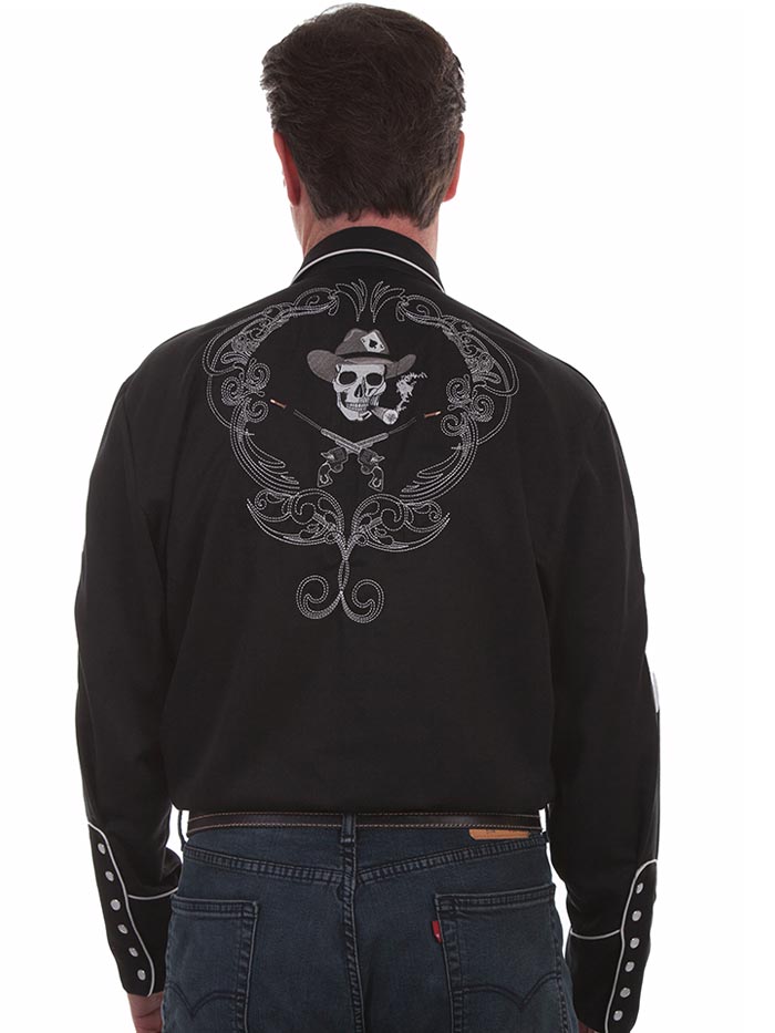Scully P-864-BLK Mens Smoking Skull and Cards Long Sleeve Western Shirt Black front view. If you need any assistance with this item or the purchase of this item please call us at five six one seven four eight eight eight zero one Monday through Saturday 10:00a.m EST to 8:00 p.m EST