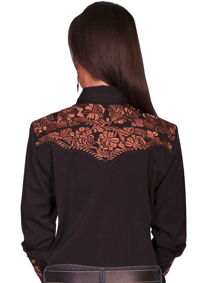 Scully PL-654-BLK Womens Floral Tooled Embroidery Western Shirt Black front view. If you need any assistance with this item or the purchase of this item please call us at five six one seven four eight eight eight zero one Monday through Saturday 10:00a.m EST to 8:00 p.m EST