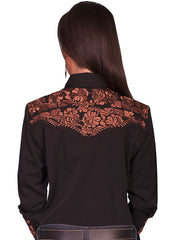 Scully PL-654-BLK Womens Floral Tooled Embroidery Western Shirt Black back view. If you need any assistance with this item or the purchase of this item please call us at five six one seven four eight eight eight zero one Monday through Saturday 10:00a.m EST to 8:00 p.m EST