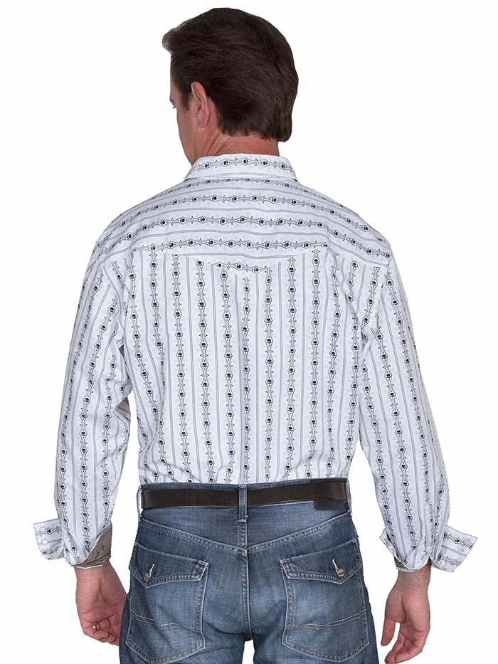 Scully PS-093 Mens Skull Stripe LS Authentic Western Shirt White front view  smiling face. If you need any assistance with this item or the purchase of this item please call us at five six one seven four eight eight eight zero one Monday through Saturday 10:00a.m EST to 8:00 p.m EST