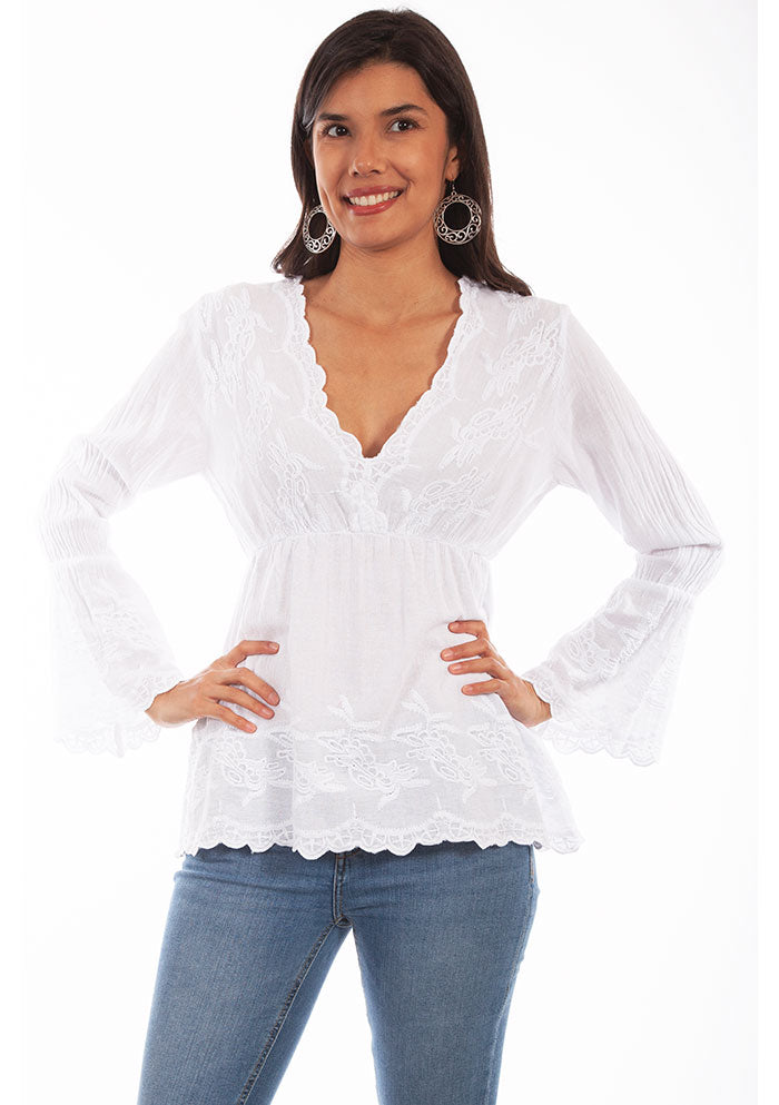 Scully PSL-221-WHT Womens Plunging Neck Line With Bell Sleeves Top White front view. If you need any assistance with this item or the purchase of this item please call us at five six one seven four eight eight eight zero one Monday through Saturday 10:00a.m EST to 8:00 p.m EST