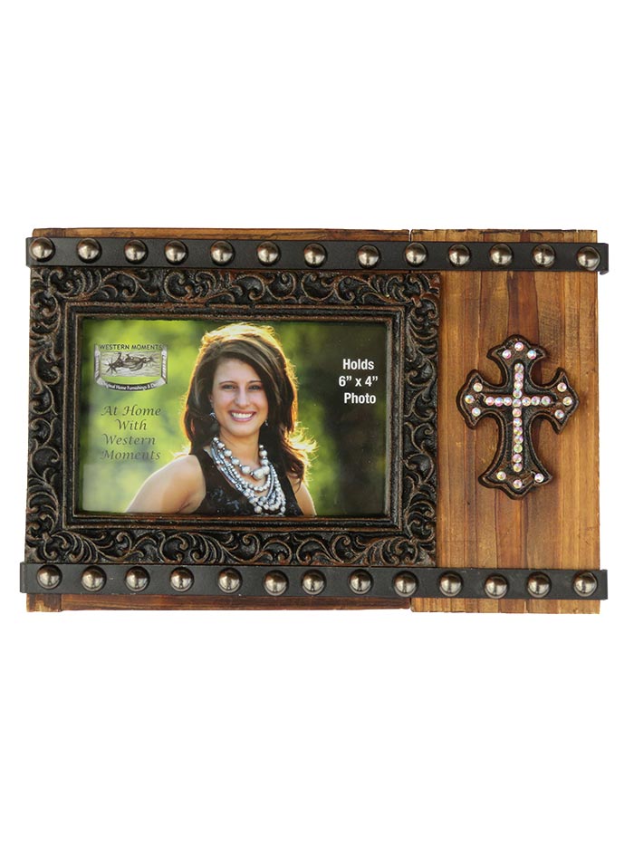 Western Moments 94077 Rhinestone Cross 10 x 6 5/8" Premium Photo Frame Brown front view. If you need any assistance with this item or the purchase of this item please call us at five six one seven four eight eight eight zero one Monday through Saturday 10:00a.m EST to 8:00 p.m EST
