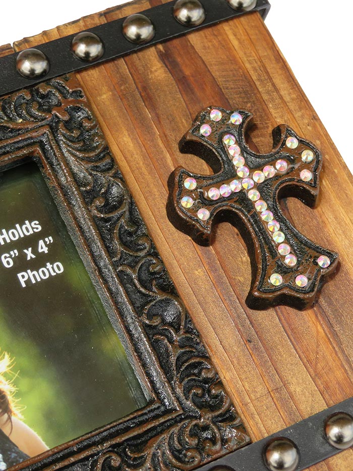 Western Moments 94077 Rhinestone Cross 10 x 6 5/8" Premium Photo Frame Brown front view. If you need any assistance with this item or the purchase of this item please call us at five six one seven four eight eight eight zero one Monday through Saturday 10:00a.m EST to 8:00 p.m EST