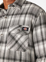 Dickies TJ210O2P Mens Sherpa Lined Flannel Plaid Shirt Jacket Charcoal close up. If you need any assistance with this item or the purchase of this item please call us at five six one seven four eight eight eight zero one Monday through Saturday 10:00a.m EST to 8:00 p.m EST