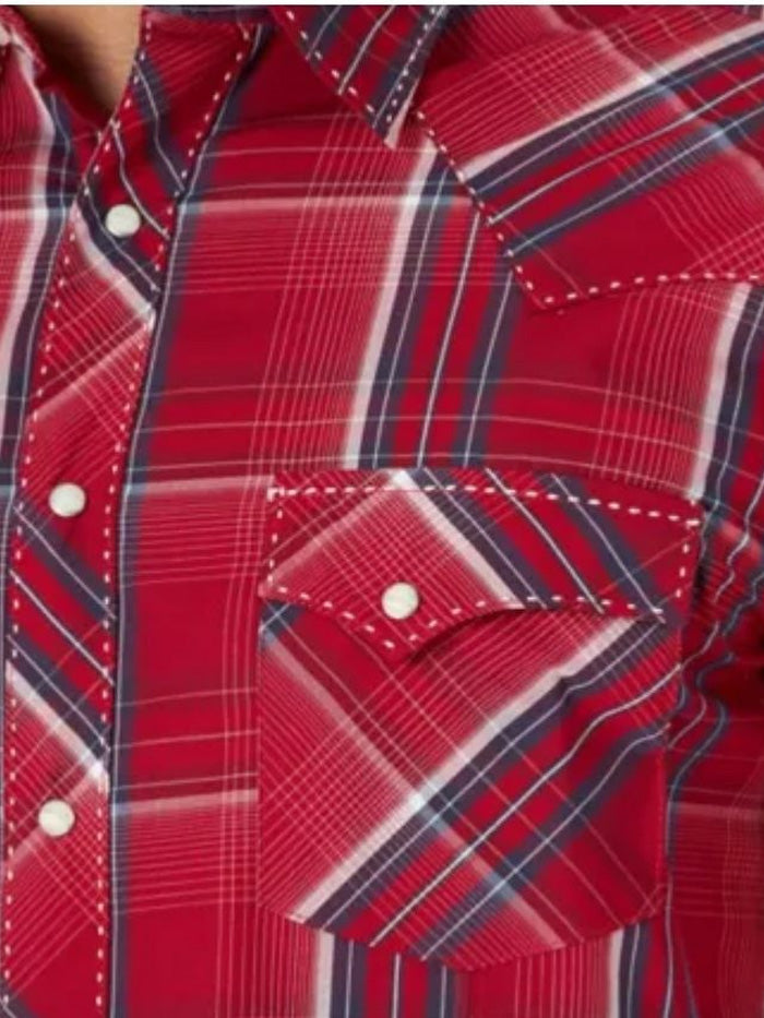 Wrangler MVG318R George Strait Plaid Short Sleeve Western Snap Shirt Red front view. If you need any assistance with this item or the purchase of this item please call us at five six one seven four eight eight eight zero one Monday through Saturday 10:00a.m EST to 8:00 p.m EST