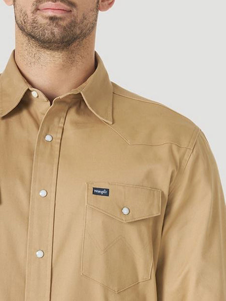 Wrangler MACW21T Mens Premium Performance Comfort Long Sleeve Work Shirt Tan close up. If you need any assistance with this item or the purchase of this item please call us at five six one seven four eight eight eight zero one Monday through Saturday 10:00a.m EST to 8:00 p.m EST