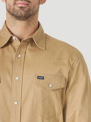 Wrangler MACW21T Mens Premium Performance Comfort Long Sleeve Work Shirt Tan POCKET