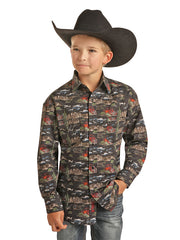 Panhandle B8S1316 Kids Dale Brisby Long Sleeve Snap Shirts Black front view. If you need any assistance with this item or the purchase of this item please call us at five six one seven four eight eight eight zero one Monday through Saturday 10:00a.m EST to 8:00 p.m EST