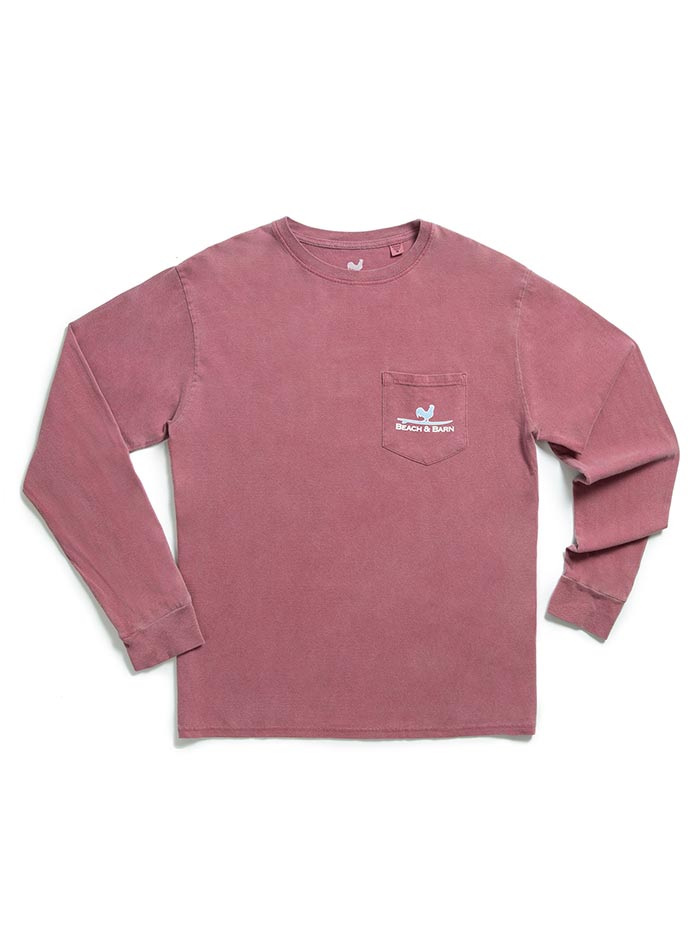 Beach and Barn ROOSTER-LS-MAR Surfing Rooster Long Sleeve Pocket Tee Maroon back view. If you need any assistance with this item or the purchase of this item please call us at five six one seven four eight eight eight zero one Monday through Saturday 10:00a.m EST to 8:00 p.m EST