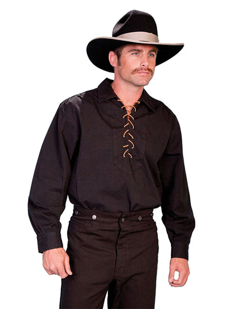 Scully RW021 Mens RangeWear Leather Lace Up Western Shirt front view natural and black on models. If you need any assistance with this item or the purchase of this item please call us at five six one seven four eight eight eight zero one Monday through Saturday 10:00a.m EST to 8:00 p.m EST