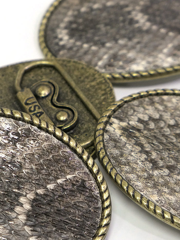 Skin Shop 121R Rattle Snake Skin Solid Brass Belt Buckle Natural front view. If you need any assistance with this item or the purchase of this item please call us at five six one seven four eight eight eight zero one Monday through Saturday 10:00a.m EST to 8:00 p.m EST