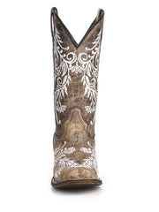 Corral A4063 Womens Embroidery Glow Collection Western Boot Square Toe Brown White full front view. If you need any assistance with this item or the purchase of this item please call us at five six one seven four eight eight eight zero one Monday through Saturday 10:00a.m EST to 8:00 p.m EST