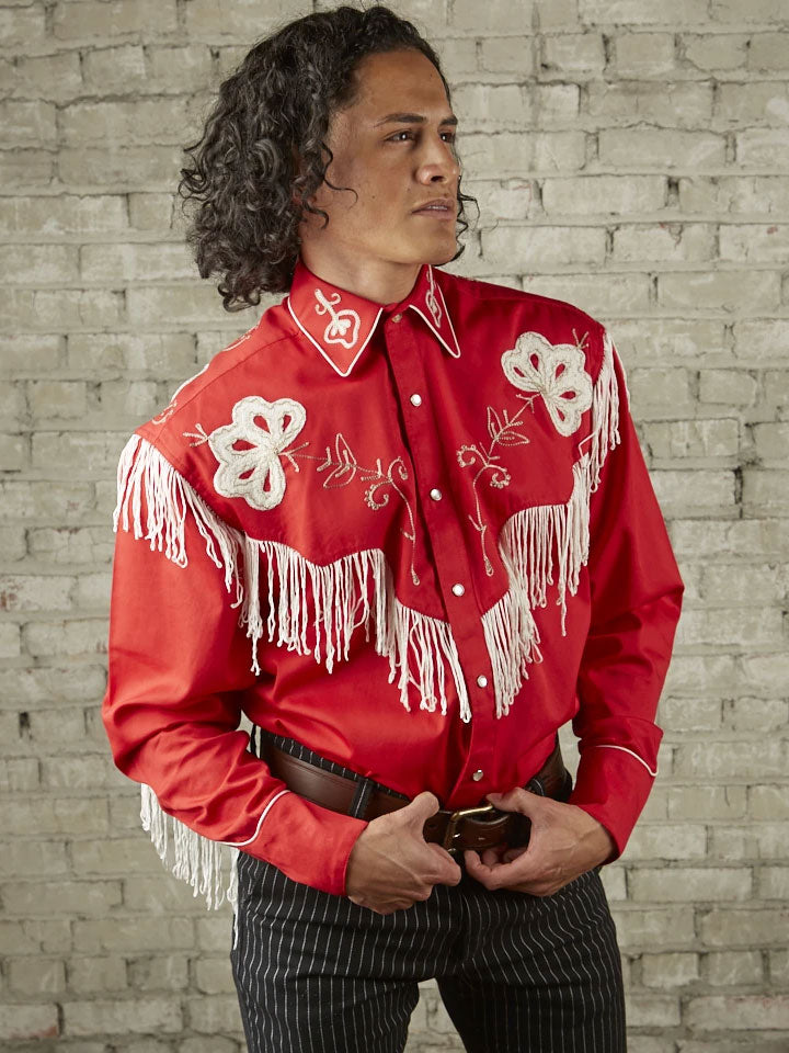 Rockmount 6723-RED Mens Vintage Fringe Embroidered Western Shirt Red side / front view. If you need any assistance with this item or the purchase of this item please call us at five six one seven four eight eight eight zero one Monday through Saturday 10:00a.m EST to 8:00 p.m EST
