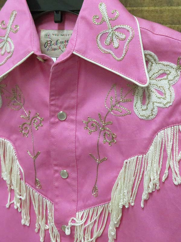 Rockmount 8723 Kids Embroidered Fringe Long Sleeve Western Shirt Pink front view. If you need any assistance with this item or the purchase of this item please call us at five six one seven four eight eight eight zero one Monday through Saturday 10:00a.m EST to 8:00 p.m EST