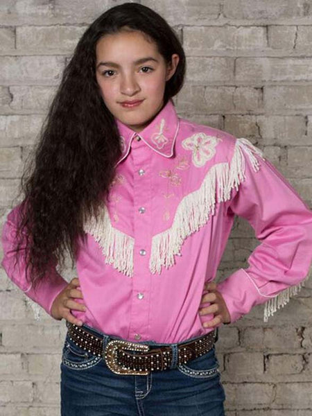 Rockmount 8723 Kids Embroidered Fringe Long Sleeve Western Shirt Pink front view. If you need any assistance with this item or the purchase of this item please call us at five six one seven four eight eight eight zero one Monday through Saturday 10:00a.m EST to 8:00 p.m EST
