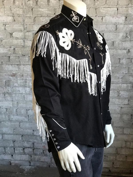 Rockmount 6723-BLK Mens Vintage Fringe Embroidered Western Shirt Black side view. If you need any assistance with this item or the purchase of this item please call us at five six one seven four eight eight eight zero one Monday through Saturday 10:00a.m EST to 8:00 p.m EST