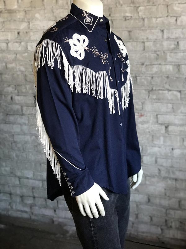 Rockmount 6723-NVY Mens Vintage Fringe Embroidered Western Shirt Navy Front View. If you need any assistance with this item or the purchase of this item please call us at five six one seven four eight eight eight zero one Monday through Saturday 10:00a.m EST to 8:00 p.m EST