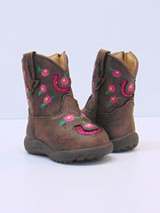 Roper 09-016-1903-2171 Infants Floral Embroidery Lucky Horseshoe Cowbabies Boots Brown side / front / back view