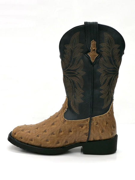 Roper 1526TA Kids Cowboy Cool Ostrich Square Toe Western Boot Tan/Navy Side View. If you need any assistance with this item or the purchase of this item please call us at five six one seven four eight eight eight zero one Monday through Saturday 10:00a.m EST to 8:00 p.m EST