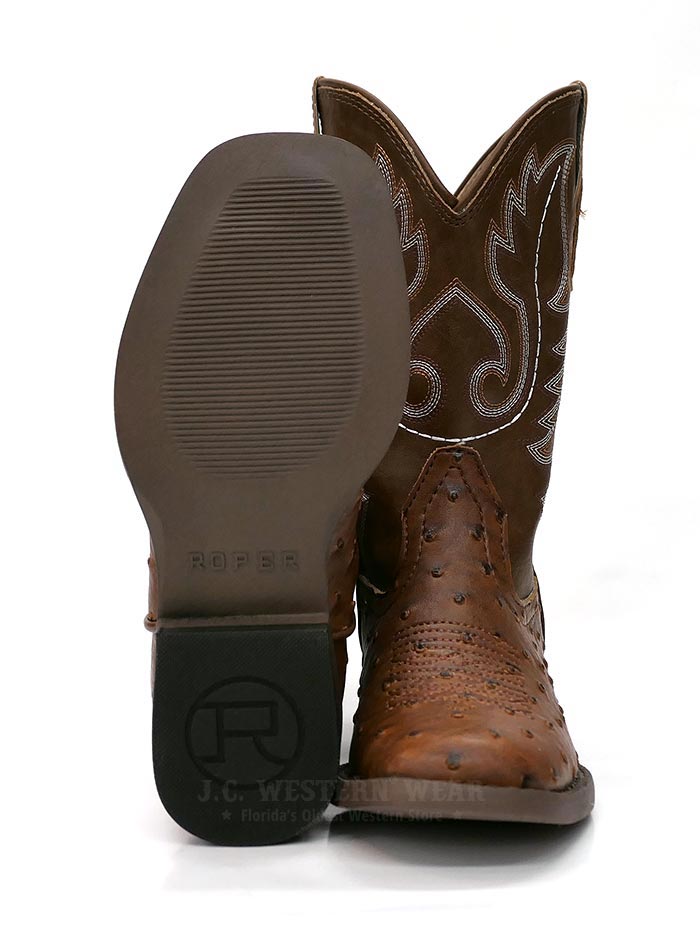 Roper 0807TA Kids BUMPS Ostrich Print Square Toe Western Boot Tan side and back view. If you need any assistance with this item or the purchase of this item please call us at five six one seven four eight eight eight zero one Monday through Saturday 10:00a.m EST to 8:00 p.m EST