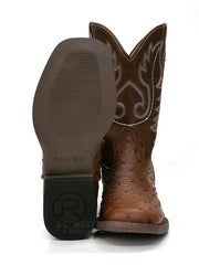 Roper 0807TA Kids BUMPS Ostrich Print Square Toe Western Boot Tan front and sole view. If you need any assistance with this item or the purchase of this item please call us at five six one seven four eight eight eight zero one Monday through Saturday 10:00a.m EST to 8:00 p.m EST