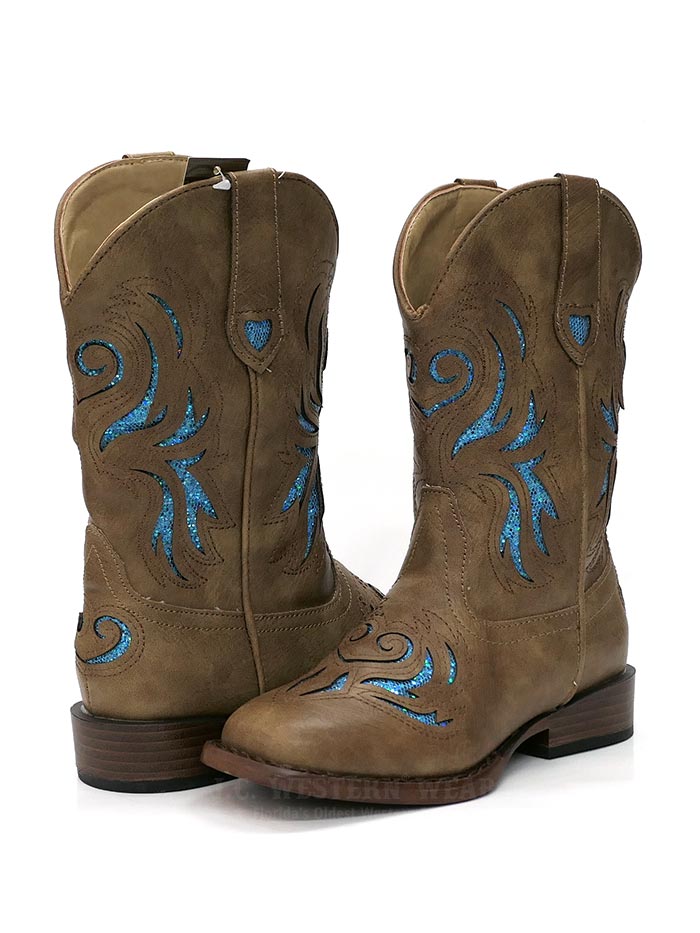 Roper 1549TA Kids GLITTER BREEZE Square Toe Bling Cowgirl Boot Tan front, back and side view. If you need any assistance with this item or the purchase of this item please call us at five six one seven four eight eight eight zero one Monday through Saturday 10:00a.m EST to 8:00 p.m EST