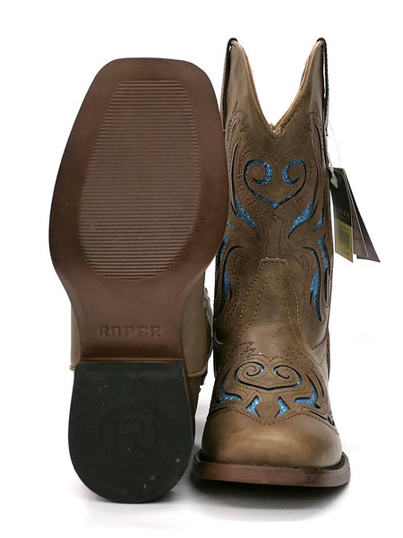 Roper 1549TA Kids GLITTER BREEZE Square Toe Bling Cowgirl Boot Tan front and sole view. If you need any assistance with this item or the purchase of this item please call us at five six one seven four eight eight eight zero one Monday through Saturday 10:00a.m EST to 8:00 p.m EST