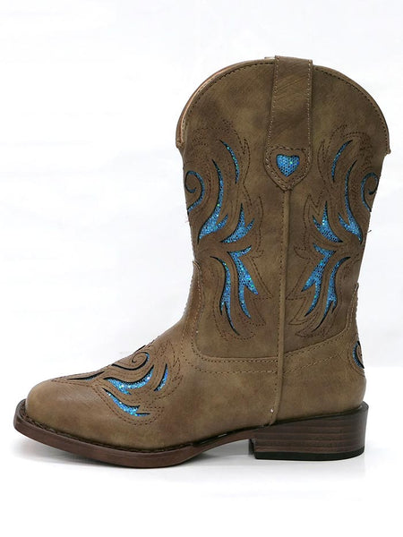 Roper 1549TA Kids GLITTER BREEZE Square Toe Bling Cowgirl Boot Tan side view. If you need any assistance with this item or the purchase of this item please call us at five six one seven four eight eight eight zero one Monday through Saturday 10:00a.m EST to 8:00 p.m EST