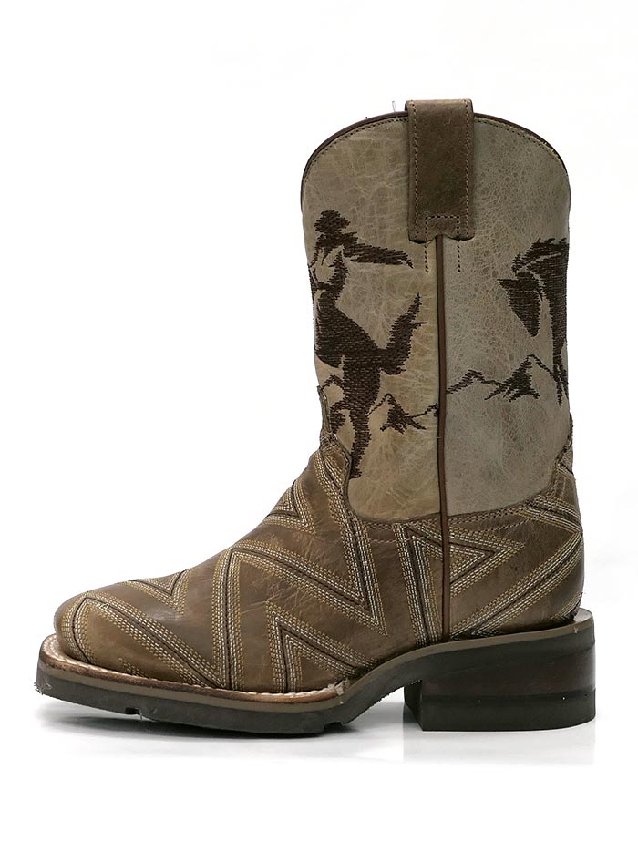 Roper 1446TA Kids Arlo Jr Embroidery Square Toe Cowboy Boot Tan front and back view. If you need any assistance with this item or the purchase of this item please call us at five six one seven four eight eight eight zero one Monday through Saturday 10:00a.m EST to 8:00 p.m EST
