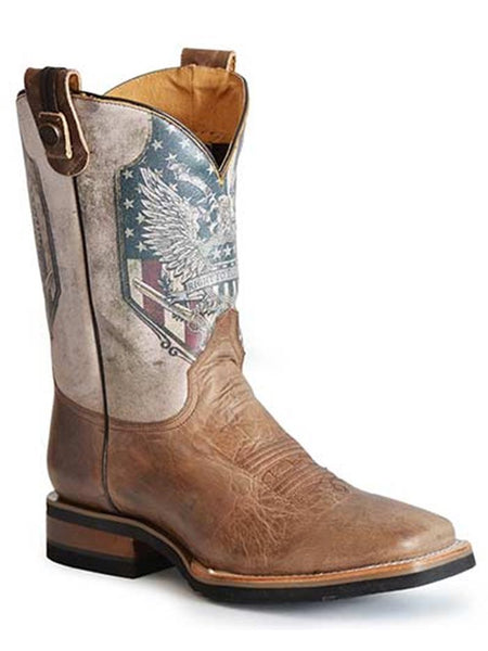 Roper 09-020-8282-8272 BR Mens 2nd Amendment Square Toe Western Boots Brown front and side view. If you need any assistance with this item or the purchase of this item please call us at five six one seven four eight eight eight zero one Monday through Saturday 10:00a.m EST to 8:00 p.m EST