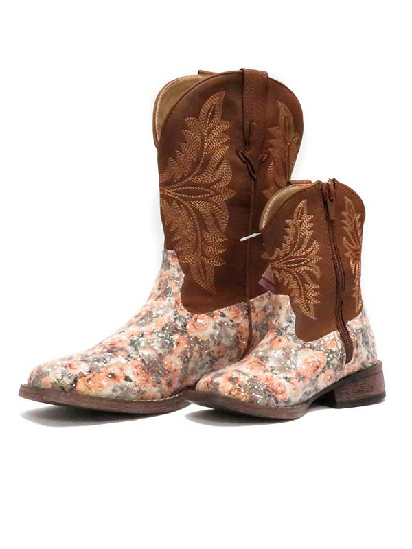 Roper Kids Brown Floral Glitter Square Toe Fashion Boot 2136BR 09-018-1903-2136 BR 09-017-1903-2136 BR Toddler and Kid's Boots