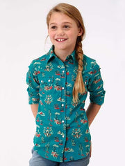 Roper 6034BU Girls Cactus Scene LS Western Shirt Blue Front View