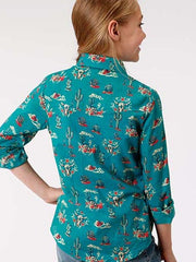 Roper Girls Cactus Scene LS Western Shirt 6034BU back view