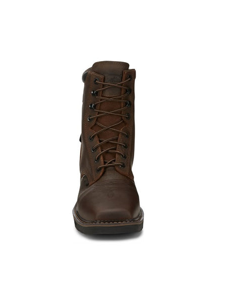 Justin SE462 Mens Driller Comp Toe Waterproof Lace Up Work Boots Brown front view. If you need any assistance with this item or the purchase of this item please call us at five six one seven four eight eight eight zero one Monday through Saturday 10:00a.m EST to 8:00 p.m EST