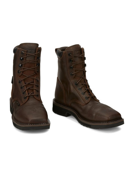 Justin SE462 Mens Driller Comp Toe Waterproof Lace Up Work Boots Brown side / front view pair. If you need any assistance with this item or the purchase of this item please call us at five six one seven four eight eight eight zero one Monday through Saturday 10:00a.m EST to 8:00 p.m EST