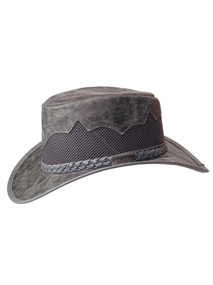 American Hat Makers Sirocco Mesh Leather Sun Hat Bomber Grey side front view. If you need any assistance with this item or the purchase of this item please call us at five six one seven four eight eight eight zero one Monday through Saturday 10:00a.m EST to 8:00 p.m EST