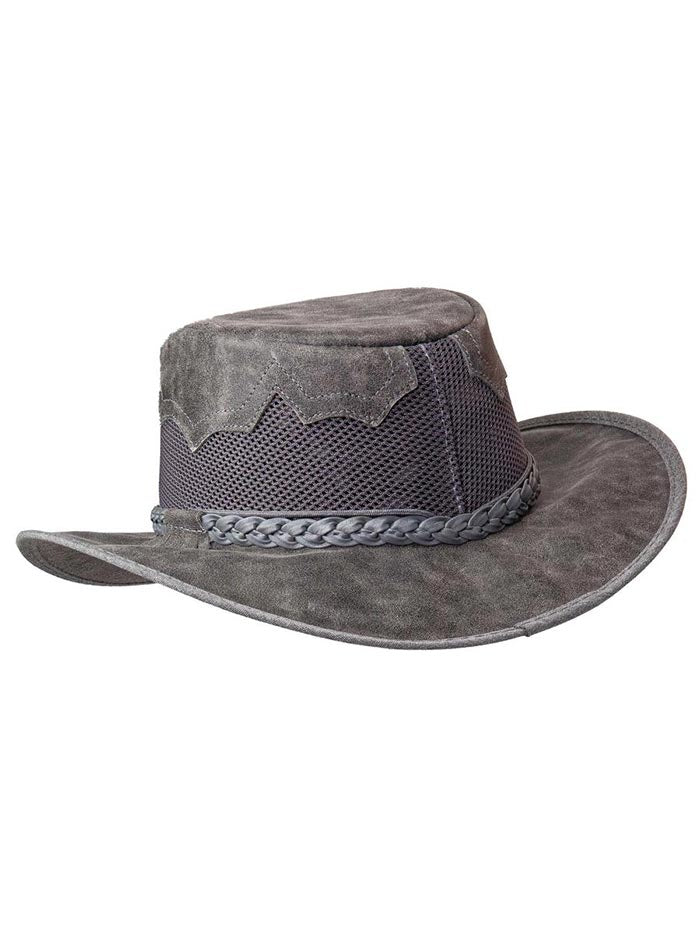 American Hat Makers Sirocco Mesh Leather Sun Hat Bomber Grey side front view. If you need any assistance with this item or the purchase of this item please call us at five six one seven four eight eight eight zero one Monday through Saturday 10:00a.m EST to 8:00 p.m EST