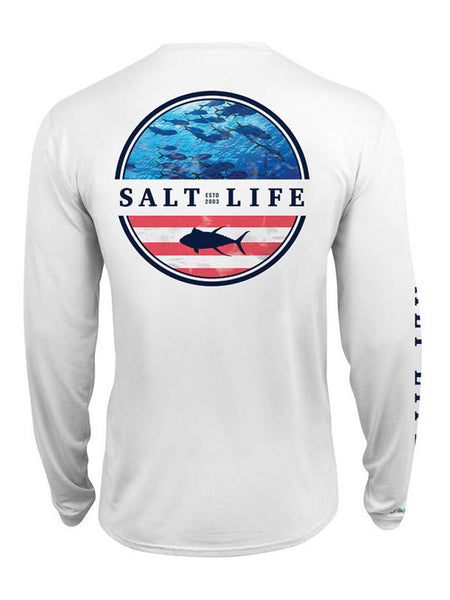 Salt Life SLM6128-WHITE Mens RESPECT Performance LS SLX Pocket Tee White back view. If you need any assistance with this item or the purchase of this item please call us at five six one seven four eight eight eight zero one Monday through Saturday 10:00a.m EST to 8:00 p.m EST