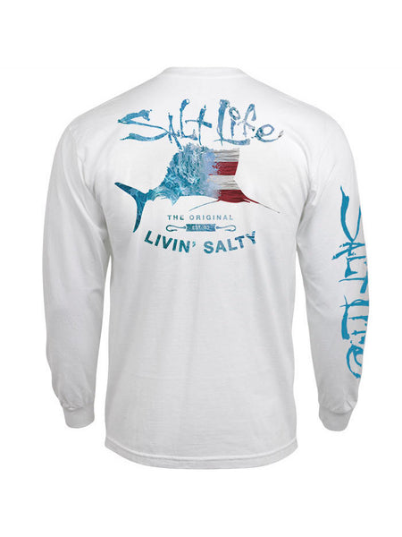 Salt Life SLM10790 Mens Amerisail Pocket Long Sleeve Tee White Flag back view. If you need any assistance with this item or the purchase of this item please call us at five six one seven four eight eight eight zero one Monday through Saturday 10:00a.m EST to 8:00 p.m EST