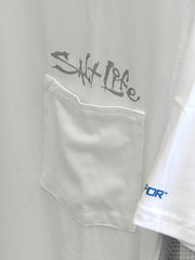 Salt Life SLM6082 Mens Fusion Performance SS Pocket Fishing Tee White pocket view. If you need any assistance with this item or the purchase of this item please call us at five six one seven four eight eight eight zero one Monday through Saturday 10:00a.m EST to 8:00 p.m EST