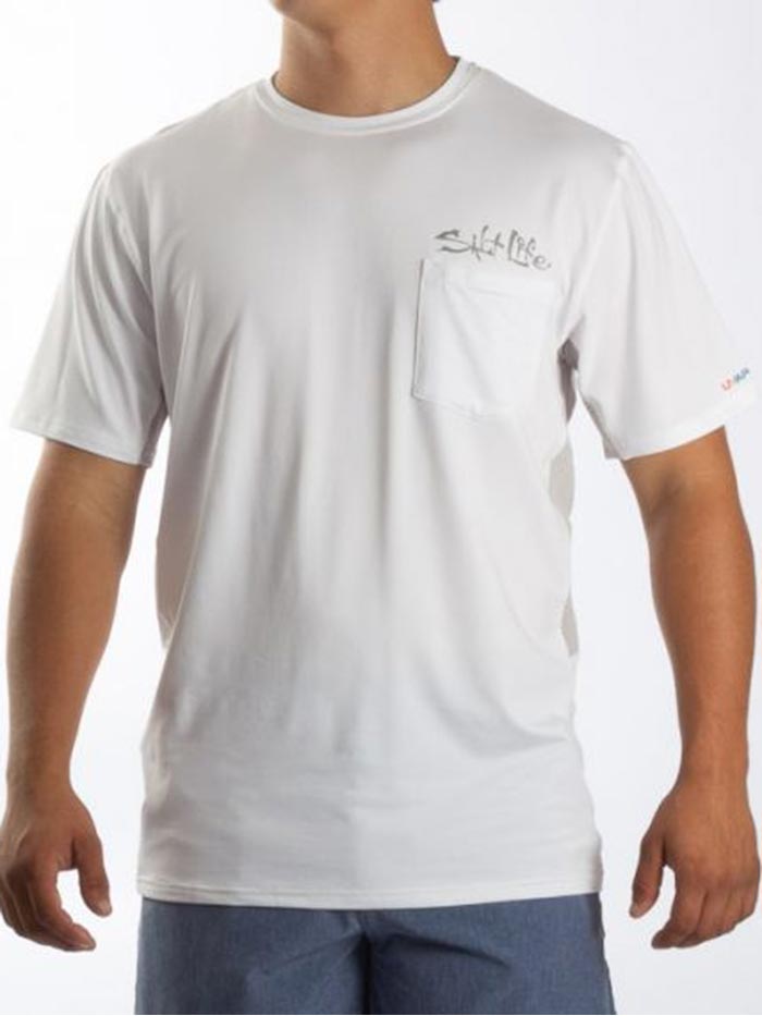 Salt Life SLM6082 Mens Fusion Performance SS Pocket Fishing Tee White front